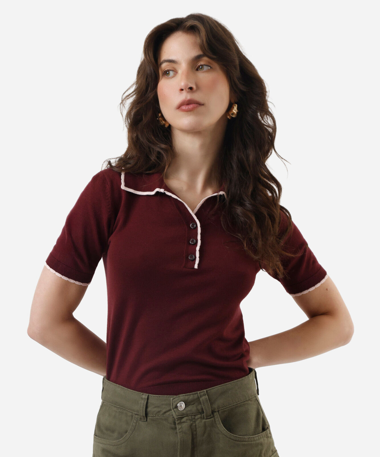 polo feminina de tricot manga curta vinho