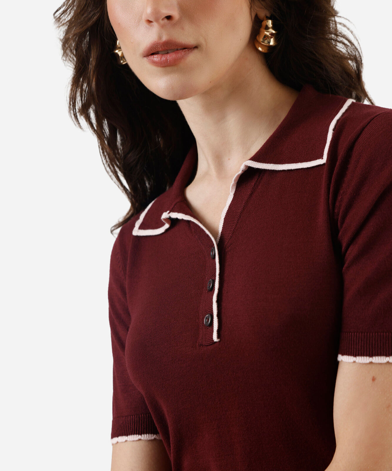 polo feminina de tricot manga curta vinho
