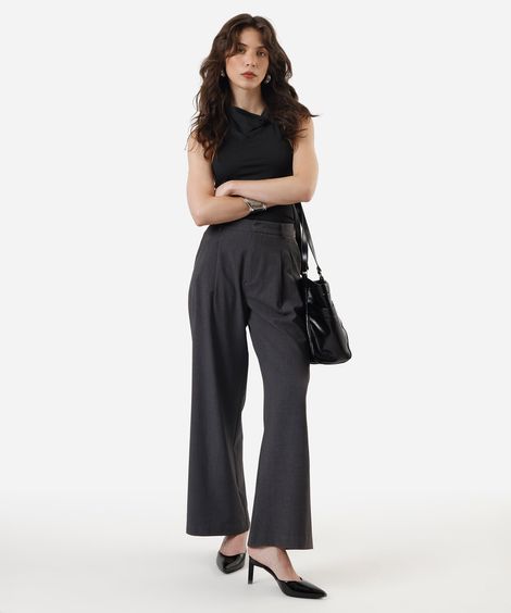 calça de alfaiataria wide leg feminina com pregas cinza
