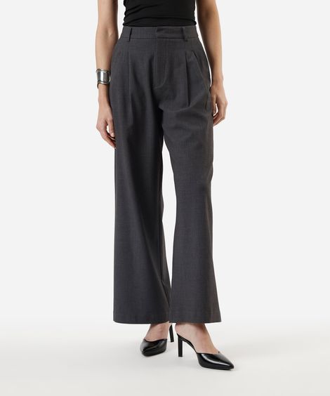 calça de alfaiataria wide leg feminina com pregas cinza