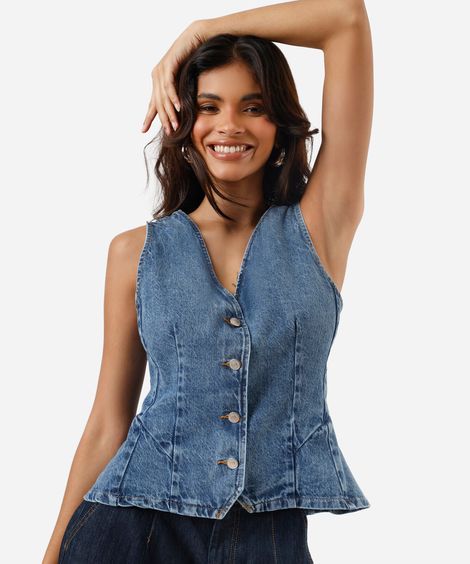 colete feminino jeans decote v azul