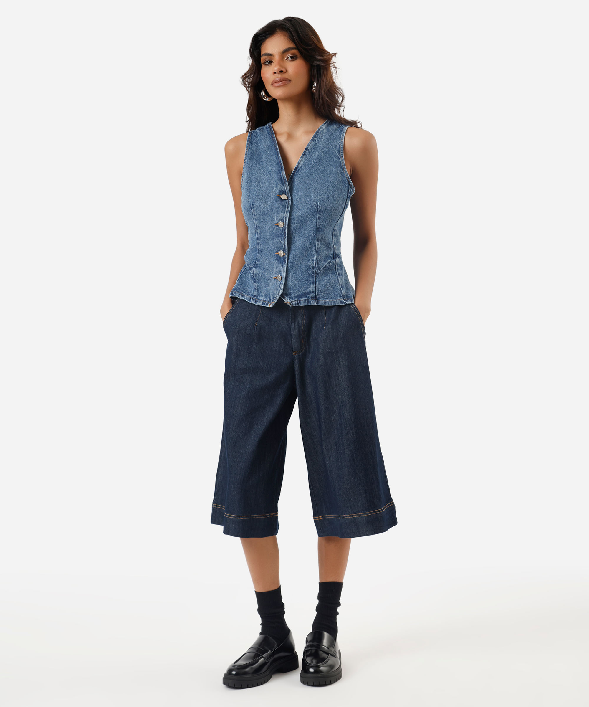 colete feminino jeans decote v azul