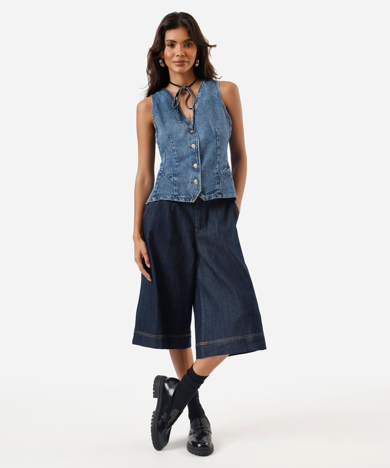 colete feminino jeans decote v azul