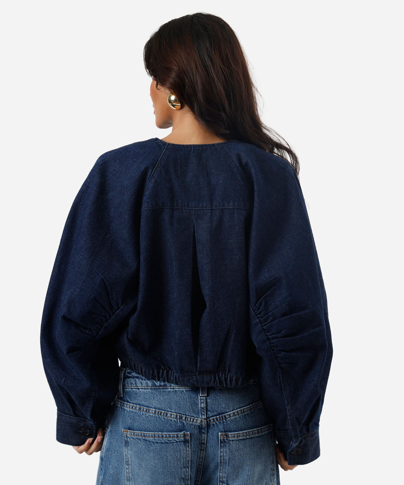jaqueta bomber feminina jeans mangas franzidas azul