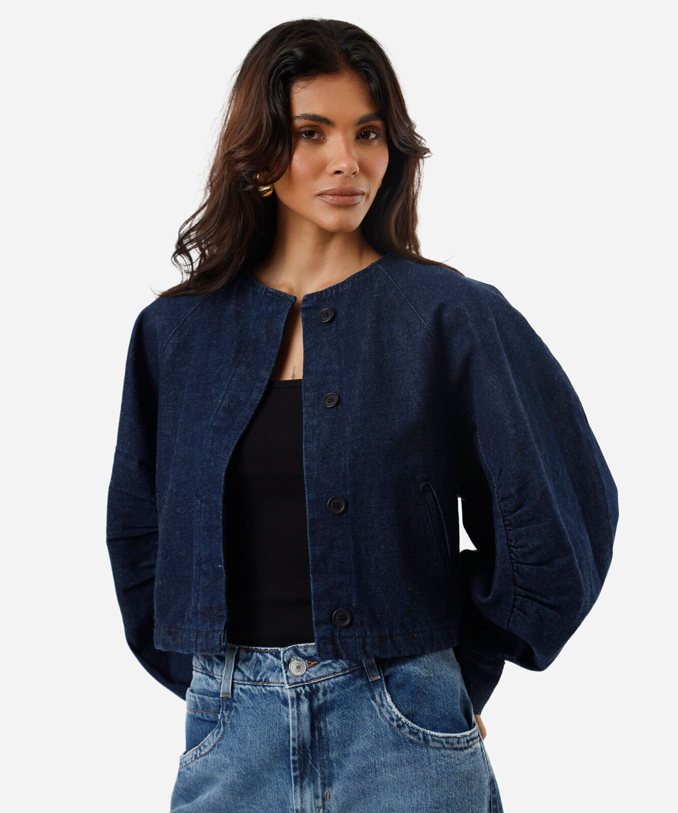 jaqueta bomber feminina jeans mangas franzidas azul