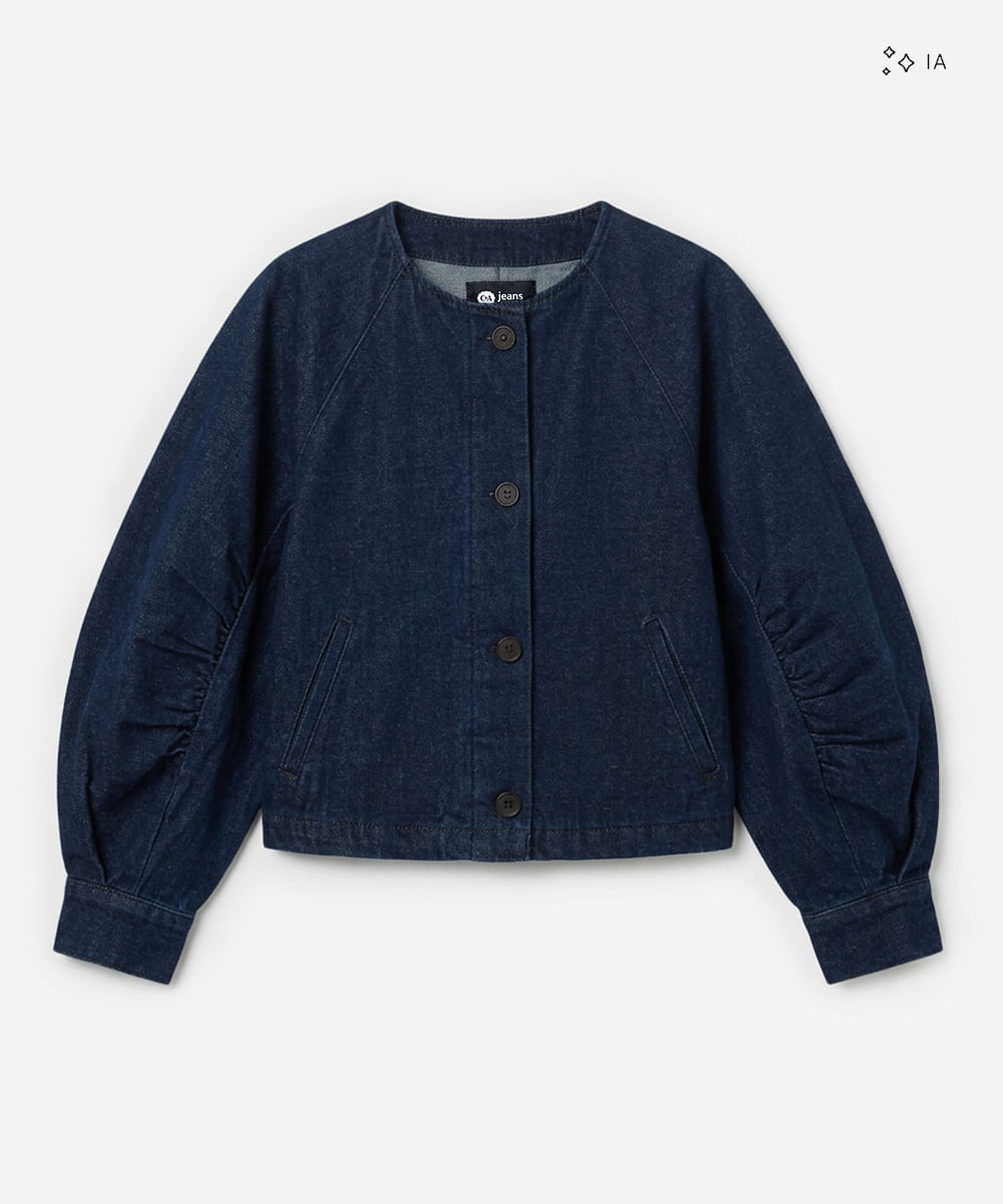 jaqueta bomber feminina jeans mangas franzidas azul