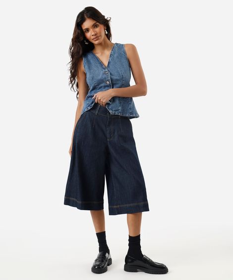 bermuda maxi jorts feminina jeans cintura alta azul