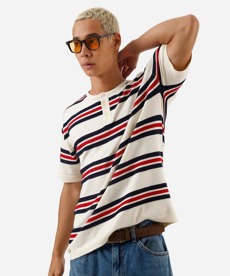 camiseta masculina de tricot gola portuguesa listrada off white