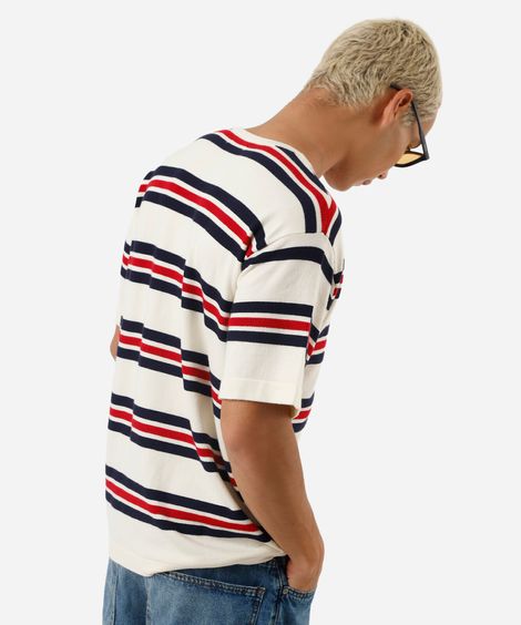 camiseta masculina de tricot gola portuguesa listrada off white