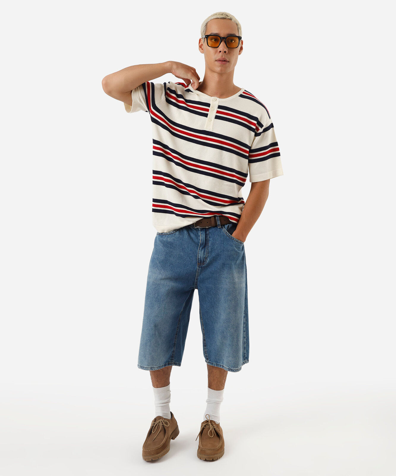 camiseta masculina de tricot gola portuguesa listrada off white
