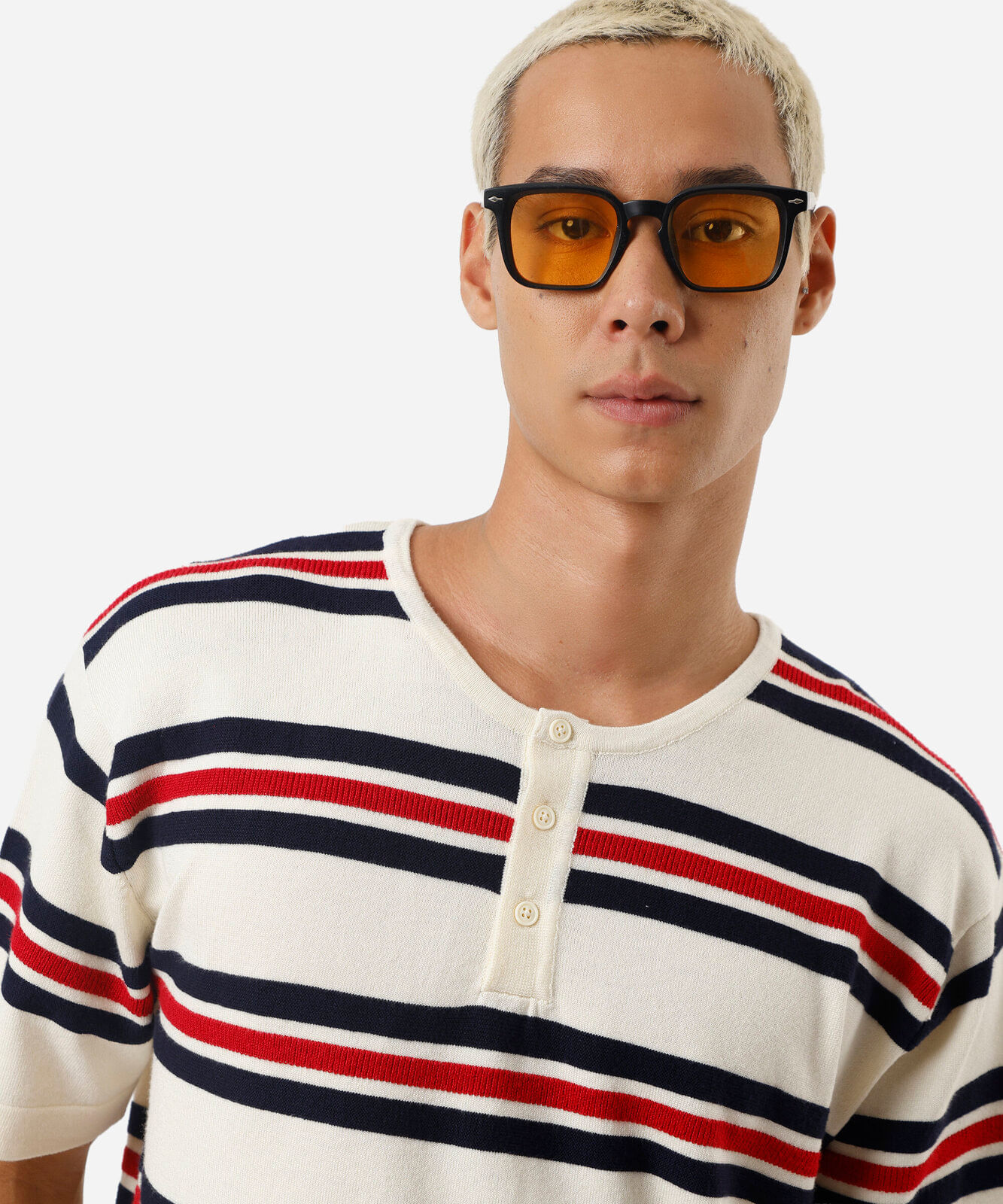 camiseta masculina de tricot gola portuguesa listrada off white
