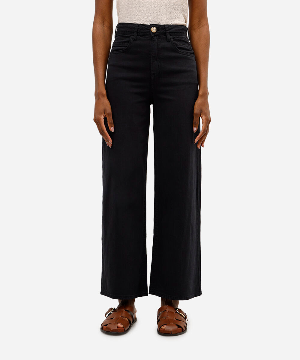 calça wide leg de sarja cintura alta preta