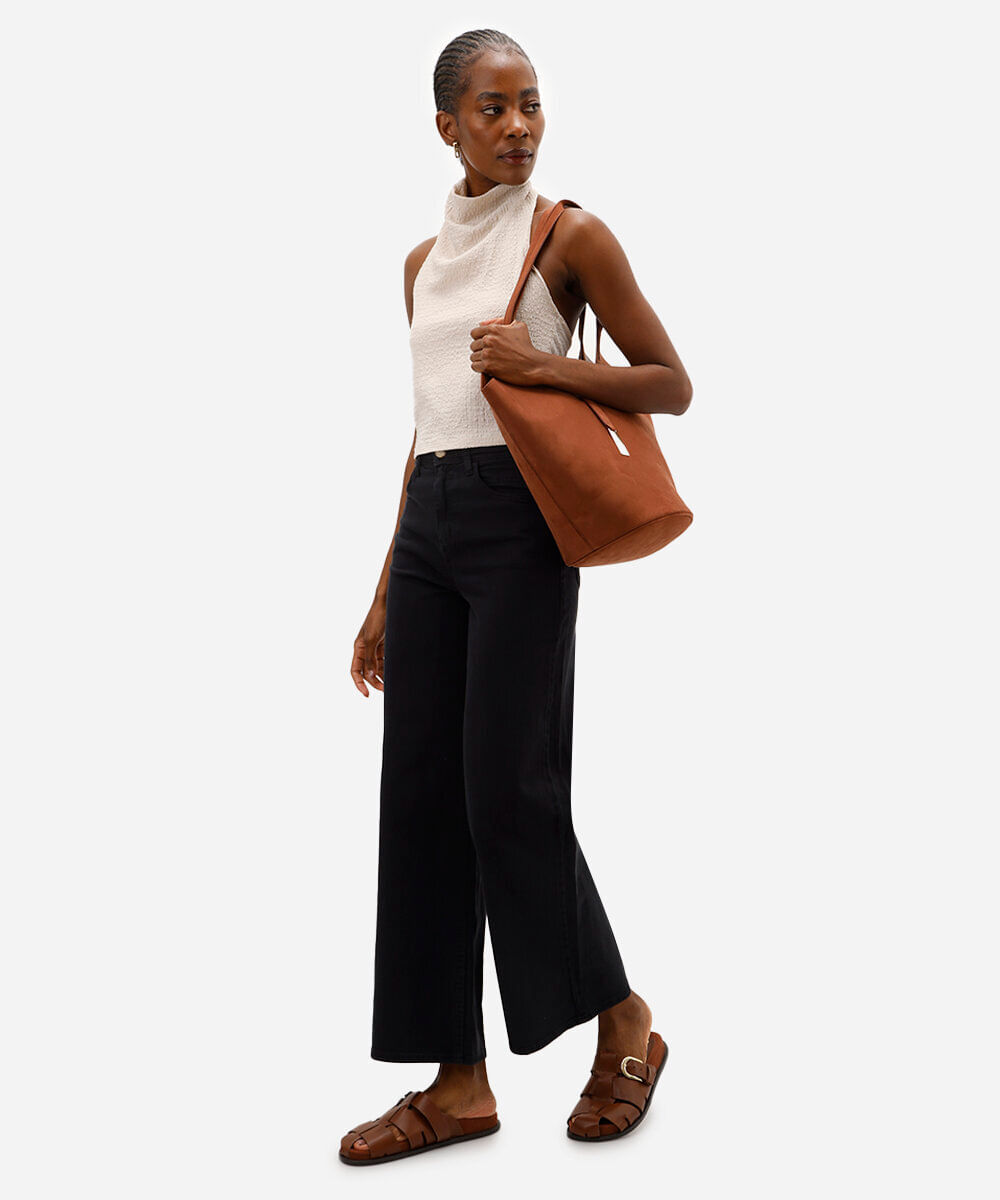 calça wide leg de sarja cintura alta preta