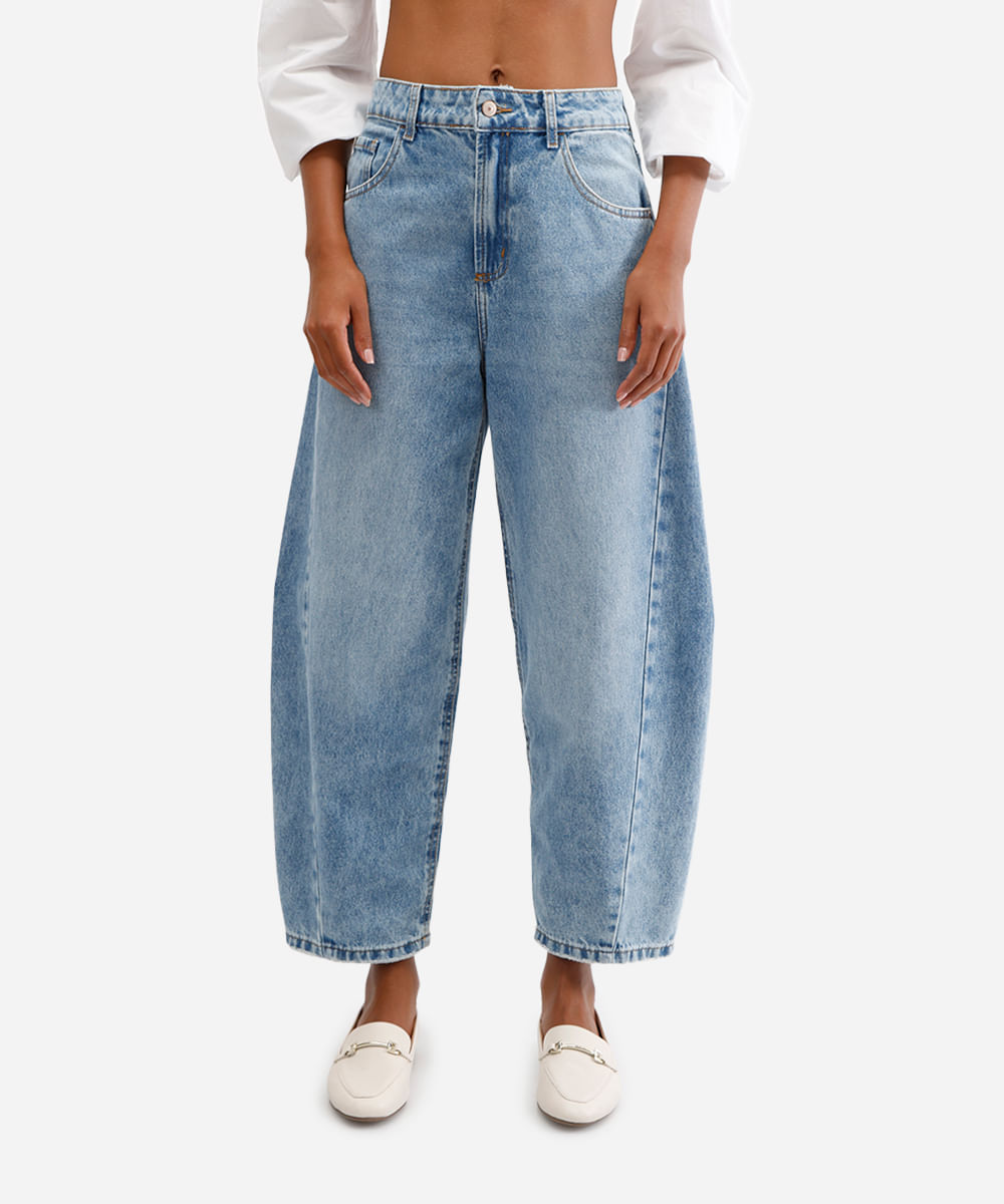 calça barrel feminina jeans com recorte azul