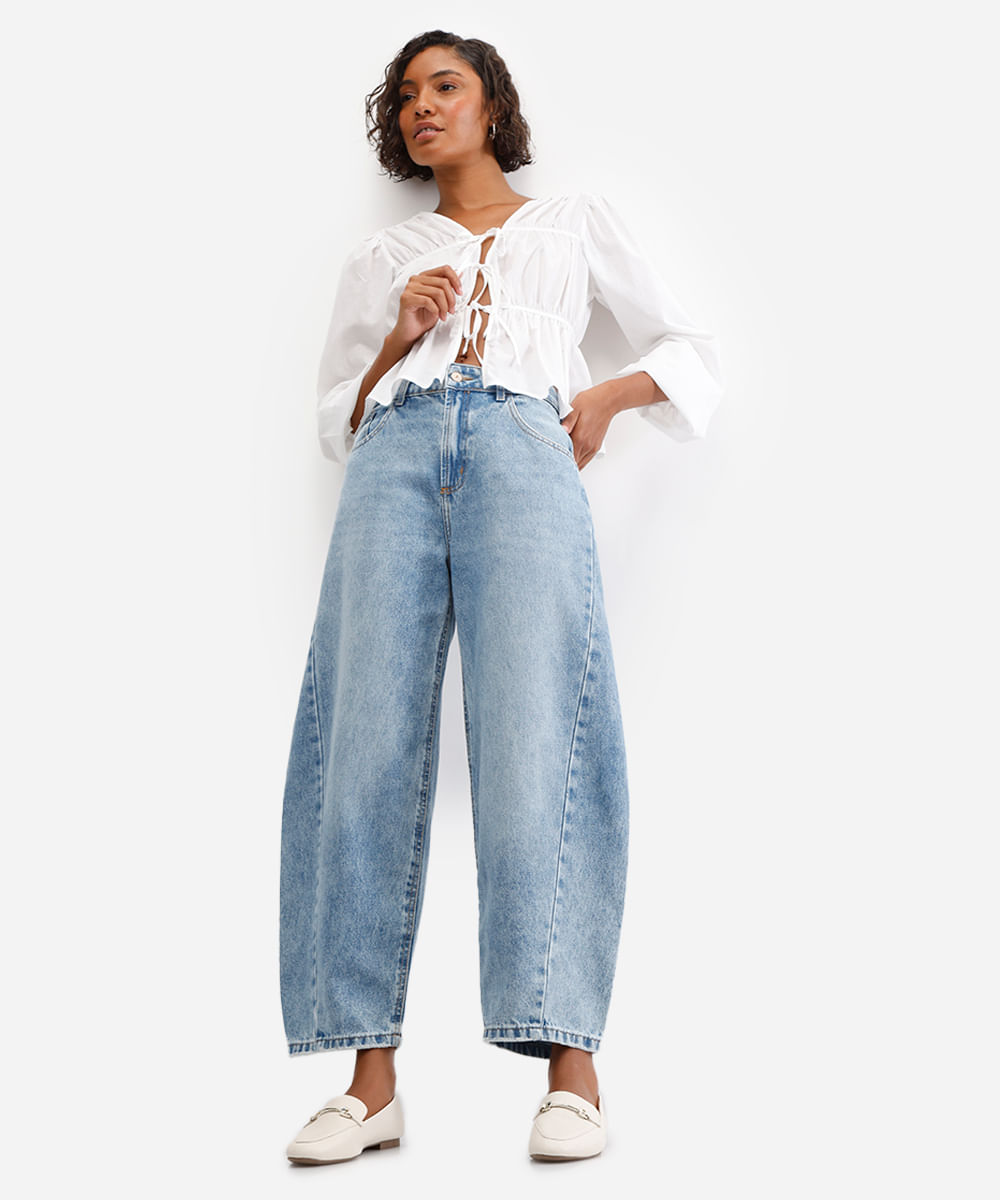calça barrel feminina jeans com recorte azul