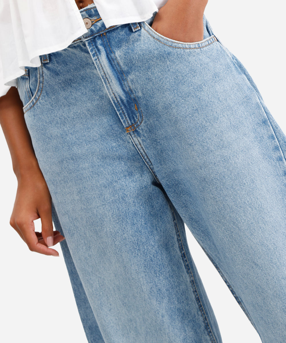 calça barrel feminina jeans com recorte azul