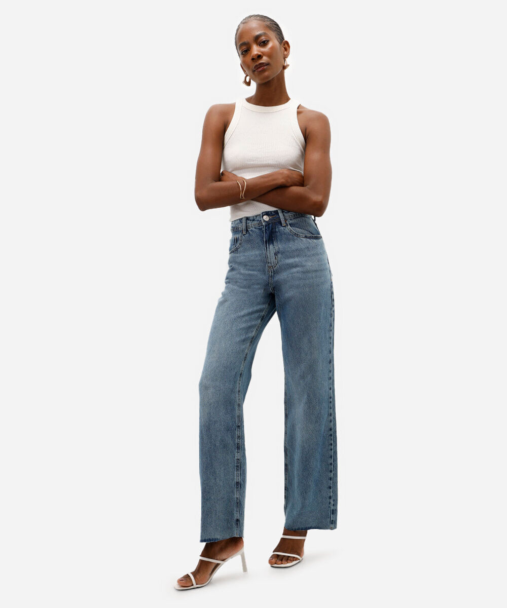 calça jeans wide leg slim cintura alta azul