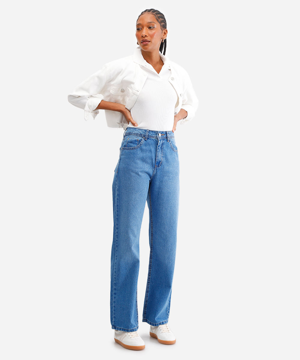 calça wide leg feminina jeans cintura alta azul
