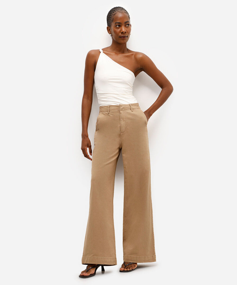 calça wide leg feminina de sarja bege