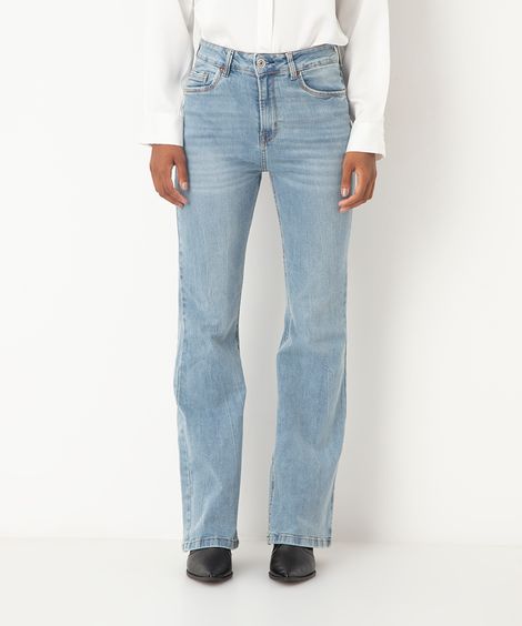 calça jeans flare boot cintura alta azul claro