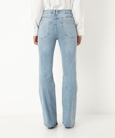 calça jeans flare boot cintura alta azul claro