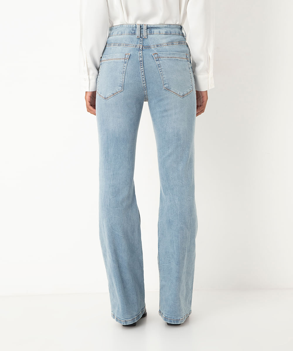 calça jeans flare boot cintura alta azul claro