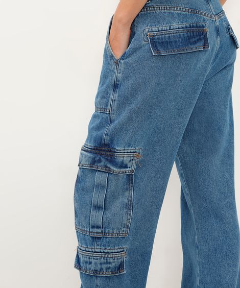 calça jeans reta cargo cintura média azul