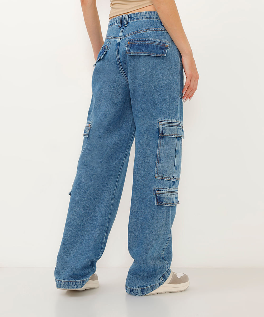 calça jeans reta cargo cintura média azul