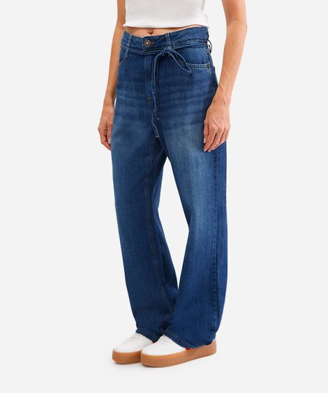 calça wide leg feminina jeans com cordão azul