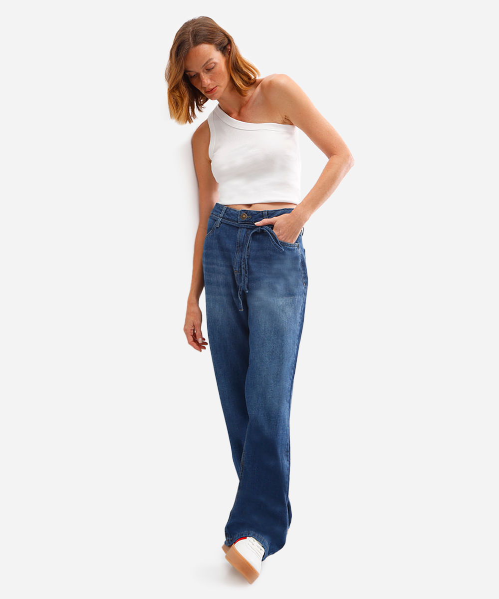 calça wide leg feminina jeans com cordão azul