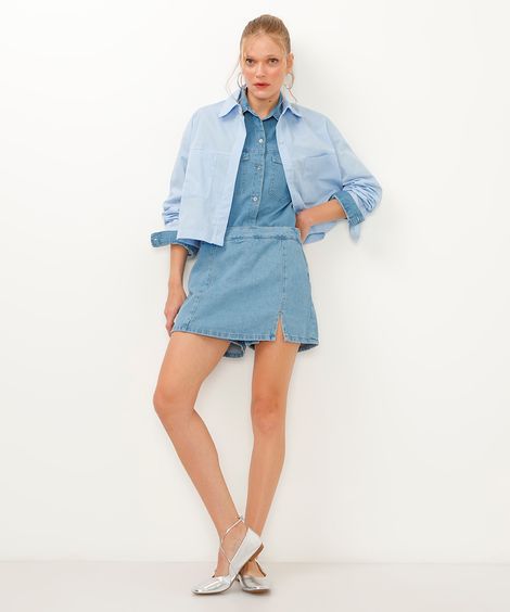 short saia jeans cintura super alta com fenda azul