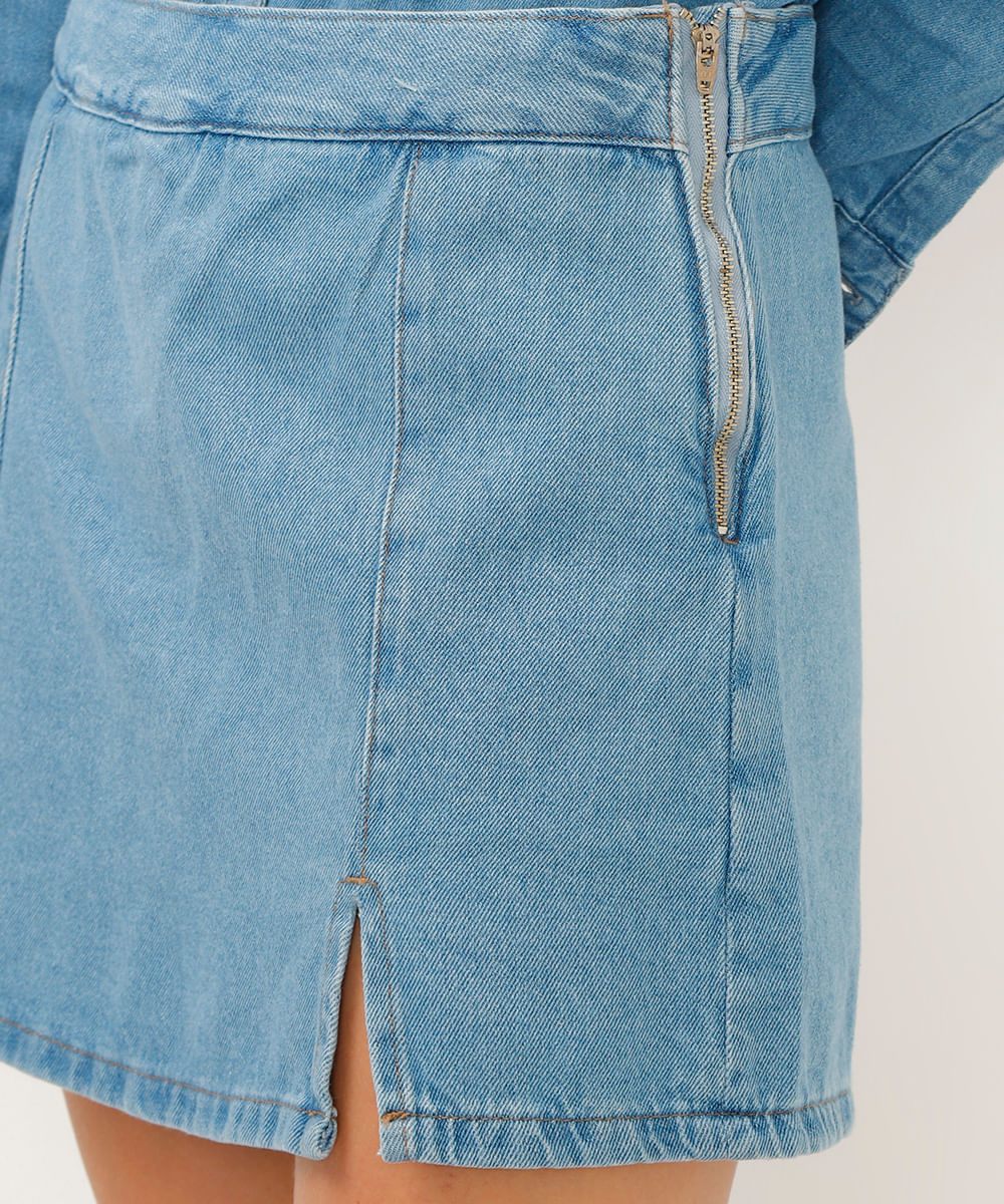 short saia jeans cintura super alta com fenda azul