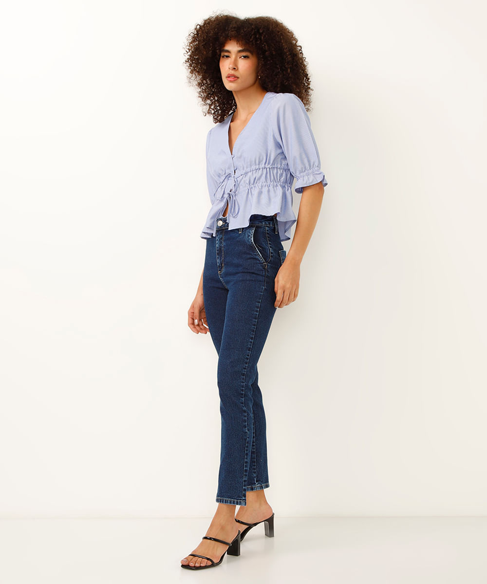 calça reta jeans cintura alta sawary azul
