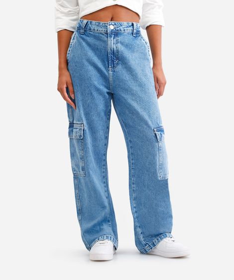 calça wide leg feminina jeans cargo azul