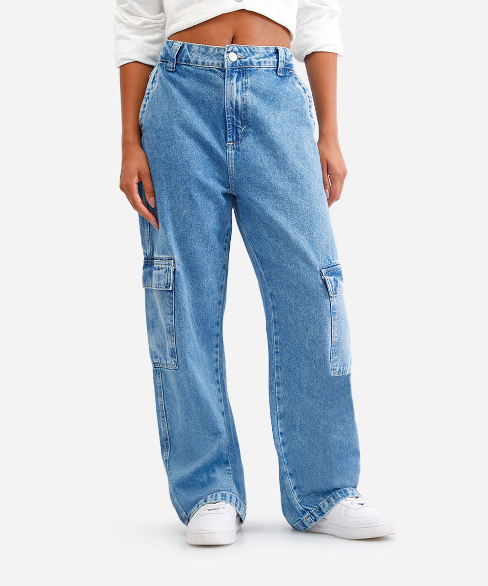 calça wide leg feminina jeans cargo azul