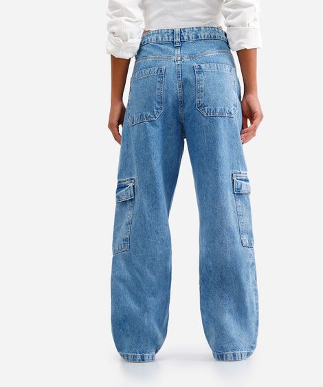 calça wide leg feminina jeans cargo azul