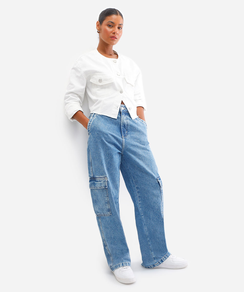 calça wide leg feminina jeans cargo azul