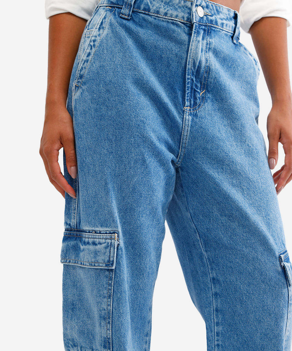 calça wide leg feminina jeans cargo azul