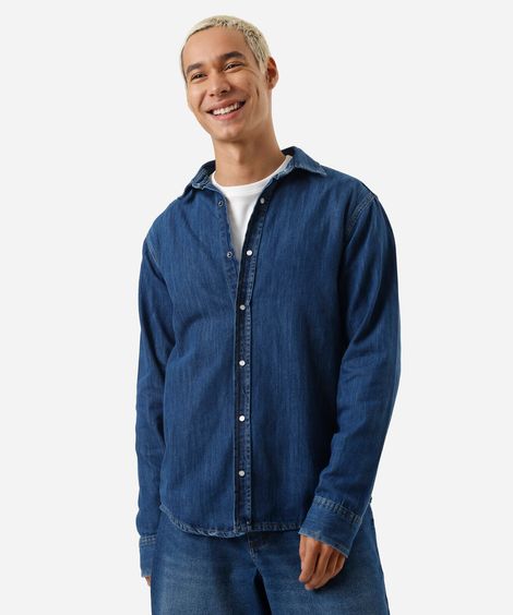 camisa masculina jeans manga longa azul