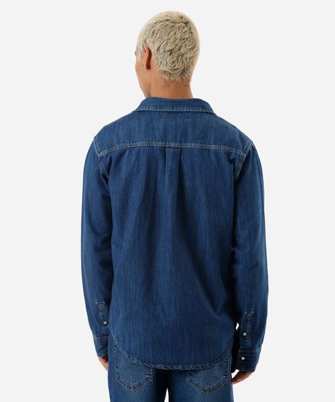 camisa masculina jeans manga longa azul