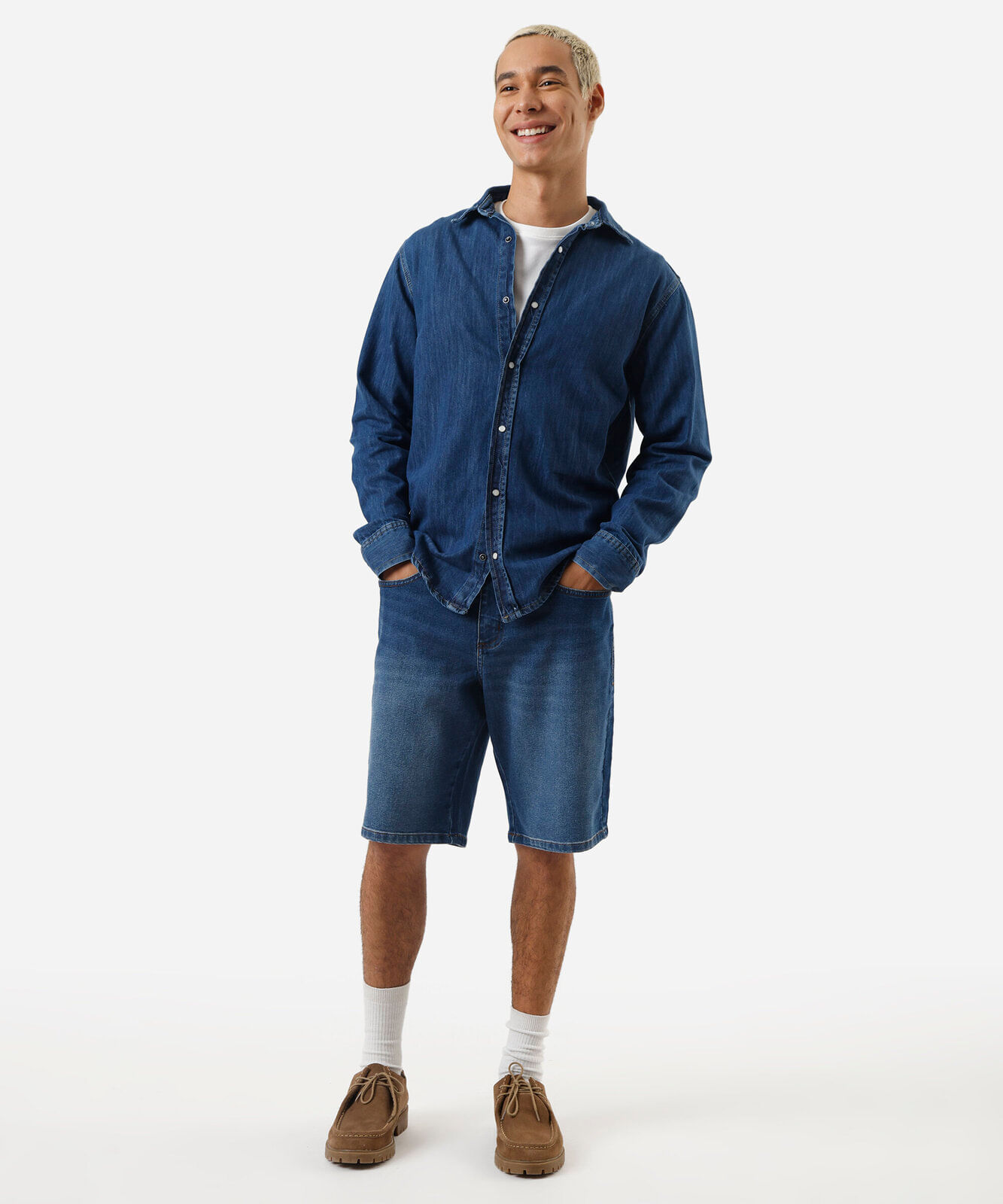 camisa masculina jeans manga longa azul