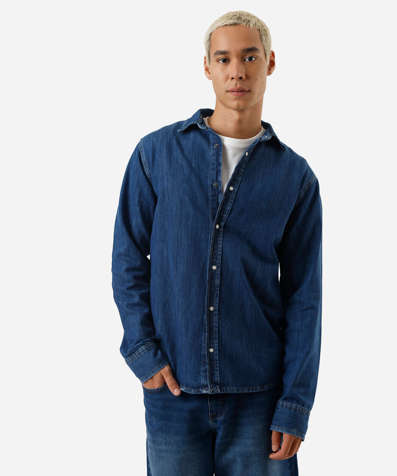 camisa masculina jeans manga longa azul