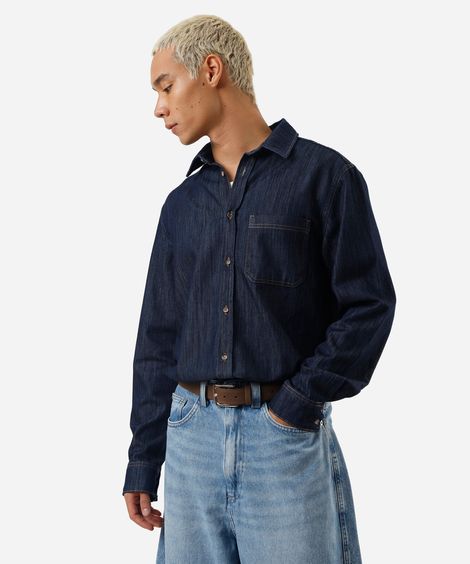 camisa masculina jeans com bolso manga longa azul