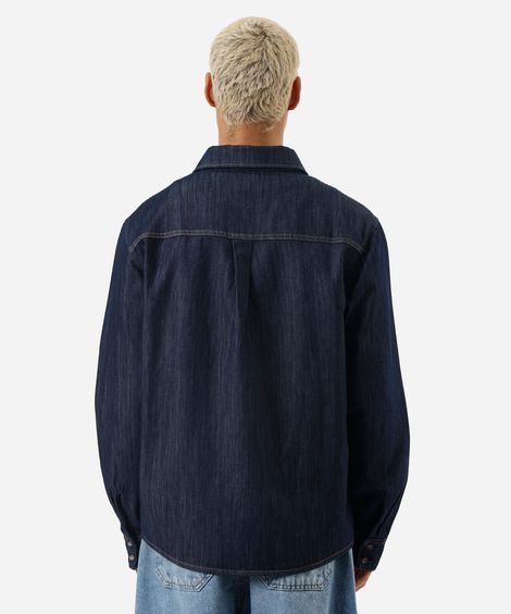 camisa masculina jeans com bolso manga longa azul