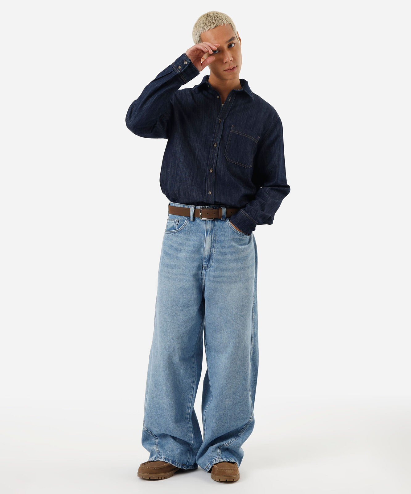 camisa masculina jeans com bolso manga longa azul