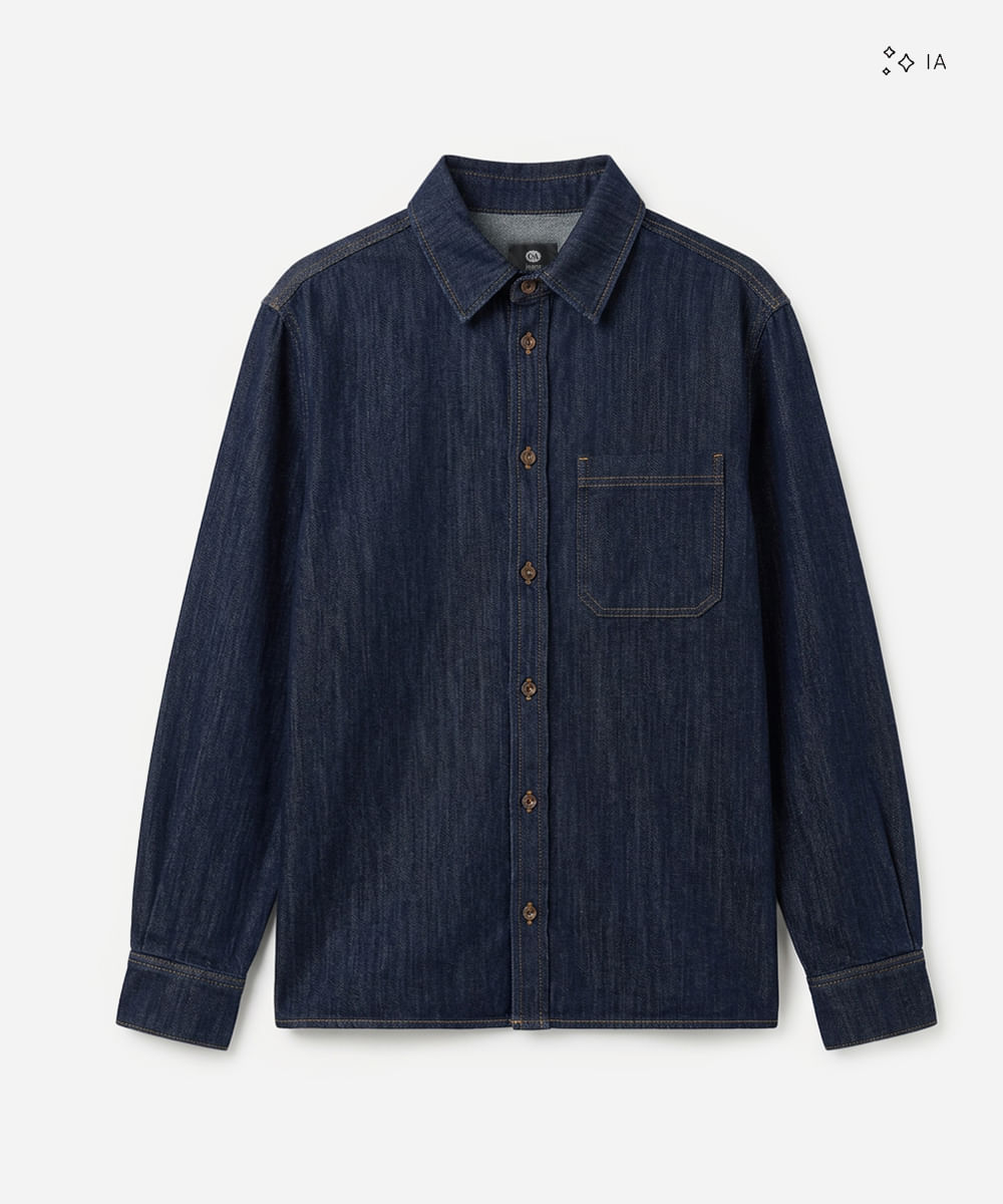 camisa masculina jeans com bolso manga longa azul