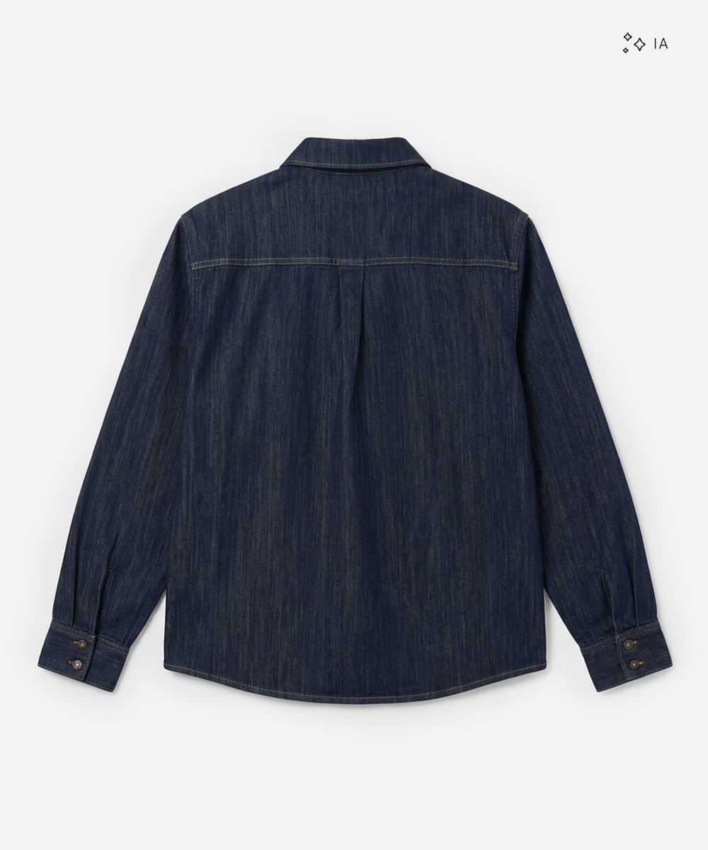 camisa masculina jeans com bolso manga longa azul