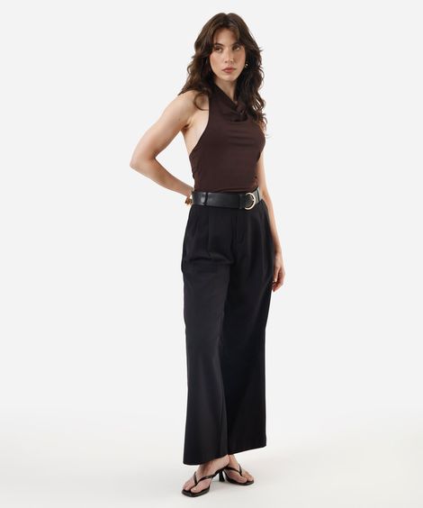 calça de alfaiataria wide leg feminina com pregas preta