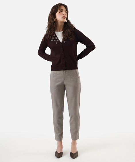 calça de alfaiataria reta feminina com pences bege