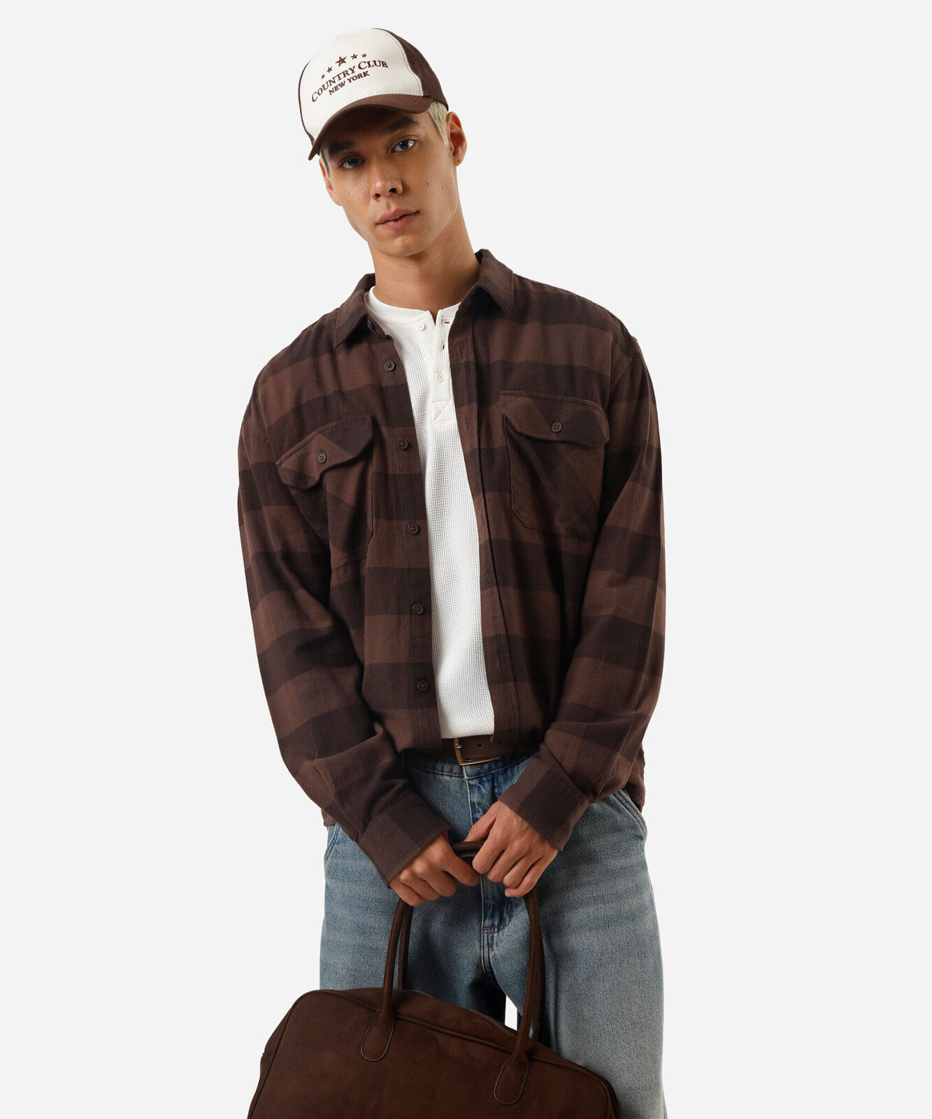 camisa masculina de algodão manga longa xadrez marrom